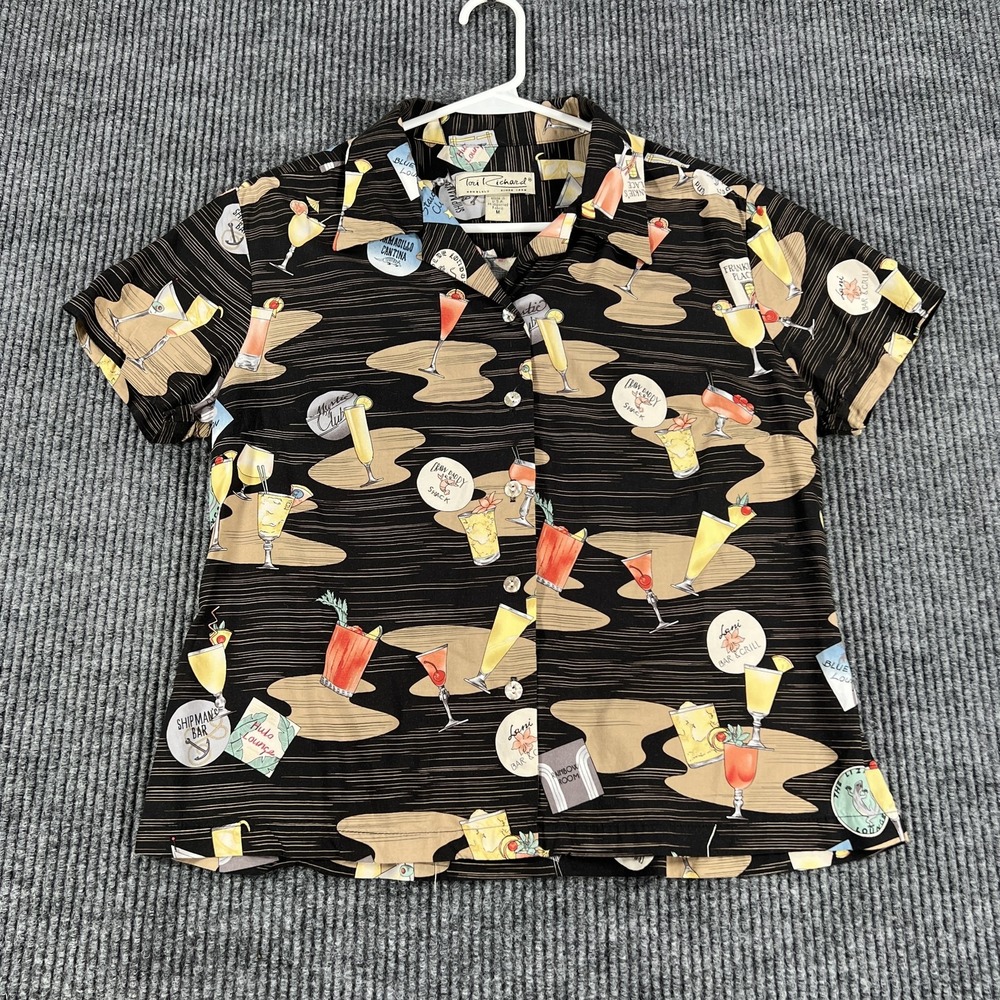 Tori Richard Shirt Womens Medium Black Cocktail Print Viscose Hawaiian Button Up